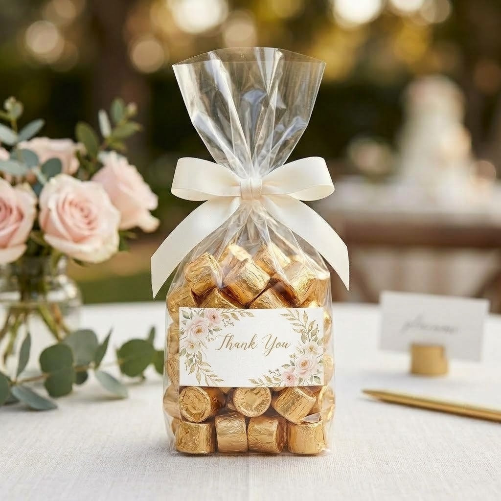 Rolo candy bag tied with an ivory ribbon and a printed floral wreath Thank You graphic label on a wedding welcome table, kosher, made in Chestnut Hill MA