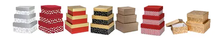 Small holiday gift tower of three stacked boxes with logo candy, dipped Oreos and chocolate covered pretzels, available box colors